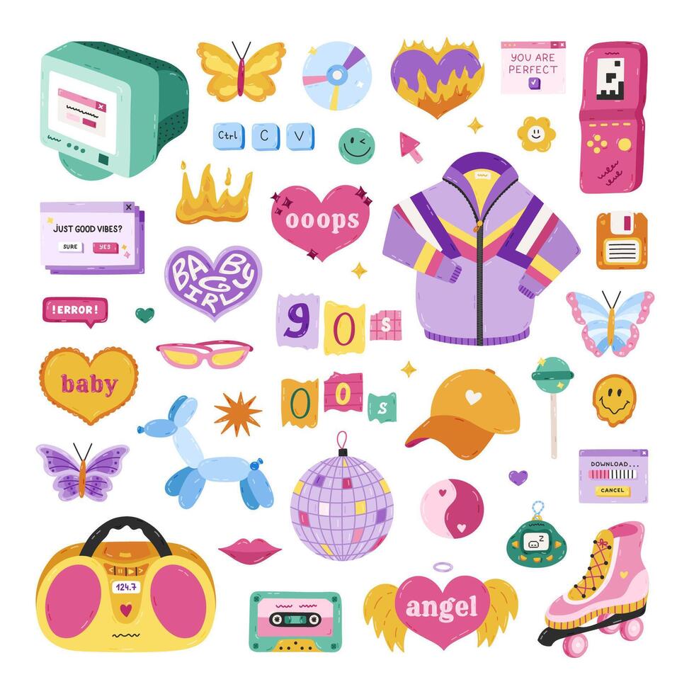 Big cartoon Y2k set with symbols from 1990s, 2000s. Retro aesthetic clipart of sport jacket, radio, electronic toy, butterfly, baby, old PC, cassette, roller skate, angel. Nostalgia for 90s vibe. vector