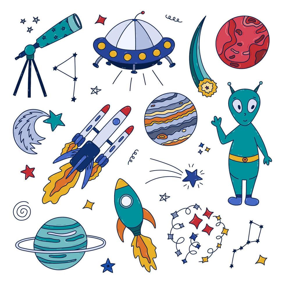 Cute colorful doodle space and astronomy set with UFO flying saucer, alien, spaceship, rocket, telescope, Mars and Jupiter. Childish cosmic symbols. Hand drawn outline collection isolated on white. vector