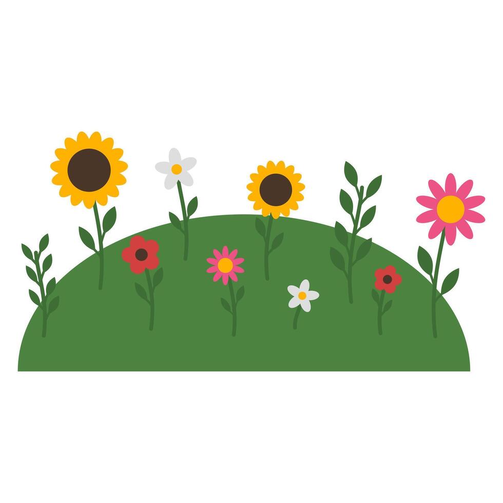 Meadow with Beautiful Flowers. Sunflower Illustration. Green Field with Blooming Flowers. vector