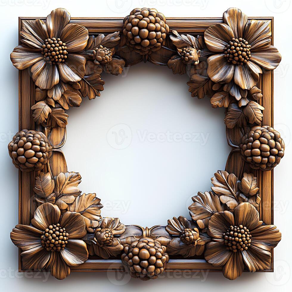 wooden frame isolated on white background with shadow. exquisite wooden border frame top view flat lay. empty picture frame on white background photo