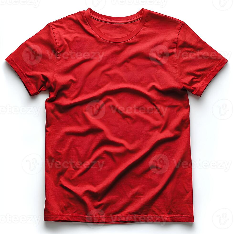 red t shirt isolated on white background. blank red shirt top view for fashion mockups and clothing designs. simple red crewneck t shirt on white background flat lay photo