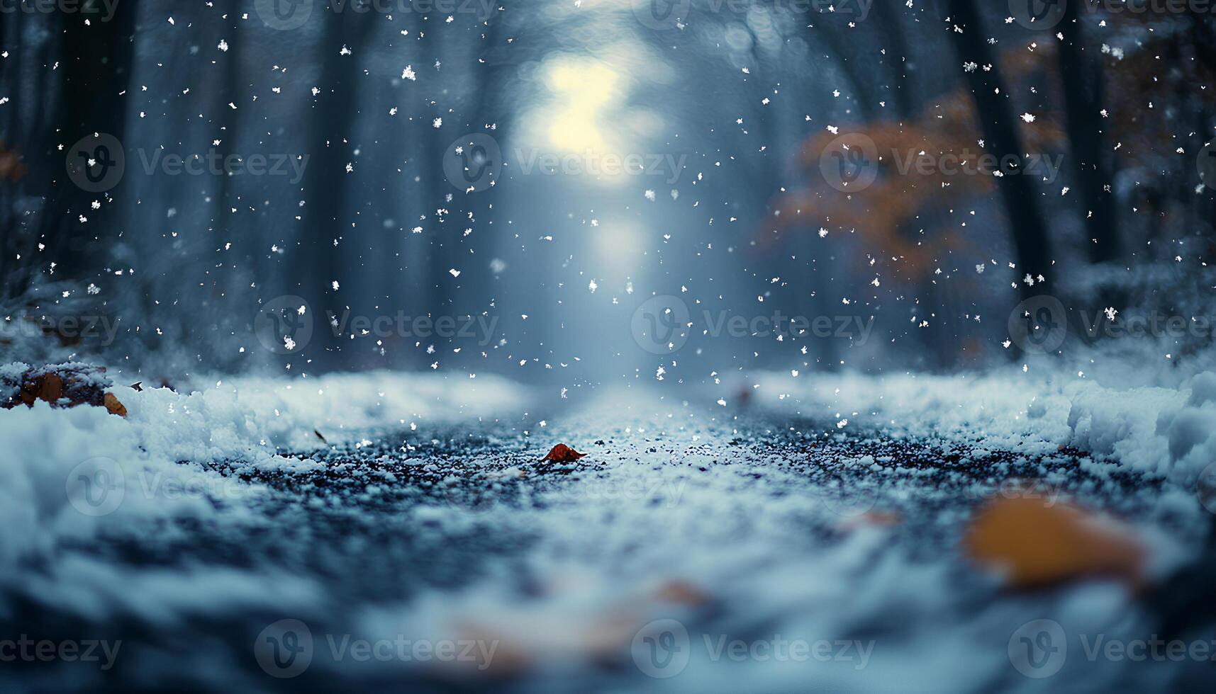 Closeup of a snowy road in a forest during winter time. A tranquil scene with a snow-covered path surrounded by tall, frosted trees, creating a serene and picturesque winter landscape photo