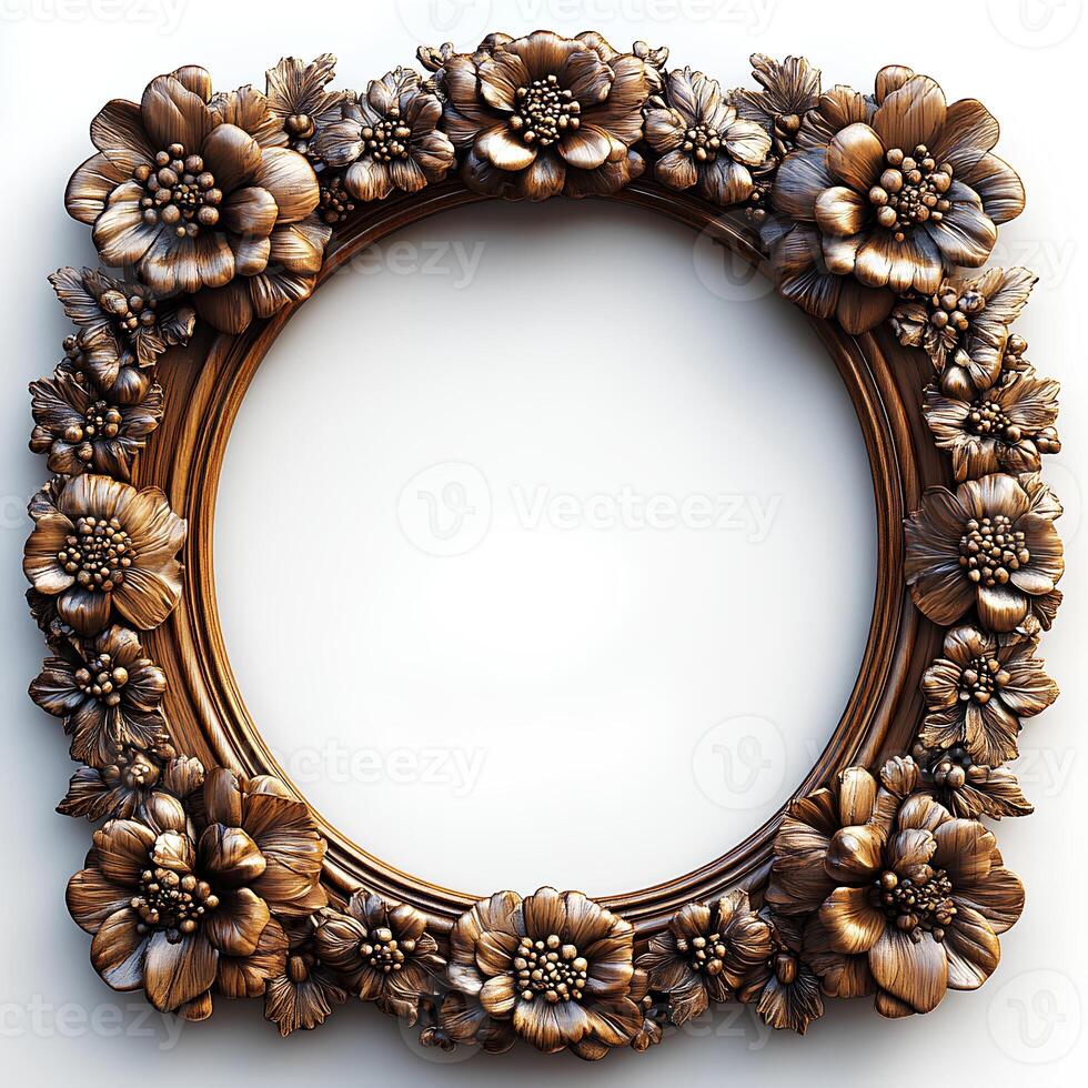 wooden frame isolated on white background with shadow. exquisite wooden border frame top view flat lay. empty picture frame on white background photo