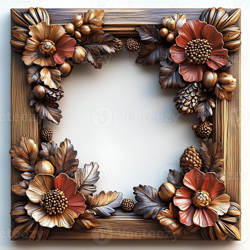 wooden frame isolated on white background with shadow. exquisite wooden border frame top view flat lay. empty picture frame on white background photo