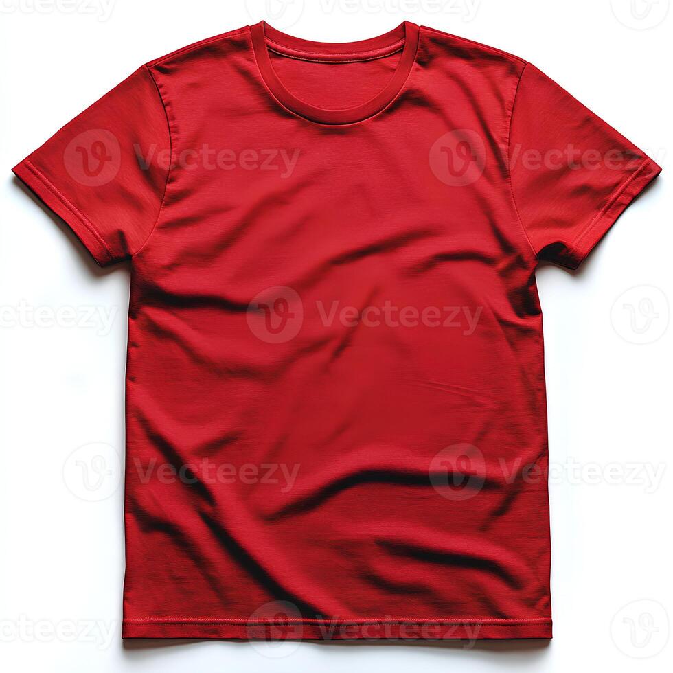 red t shirt isolated on white background. blank red shirt top view for fashion mockups and clothing designs. simple red crewneck t shirt on white background flat lay photo