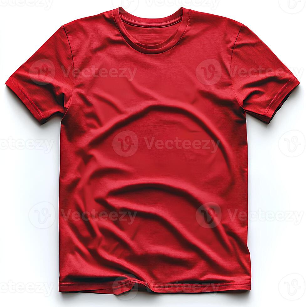 red t shirt isolated on white background. blank red shirt top view for fashion mockups and clothing designs. simple red crewneck t shirt on white background flat lay photo
