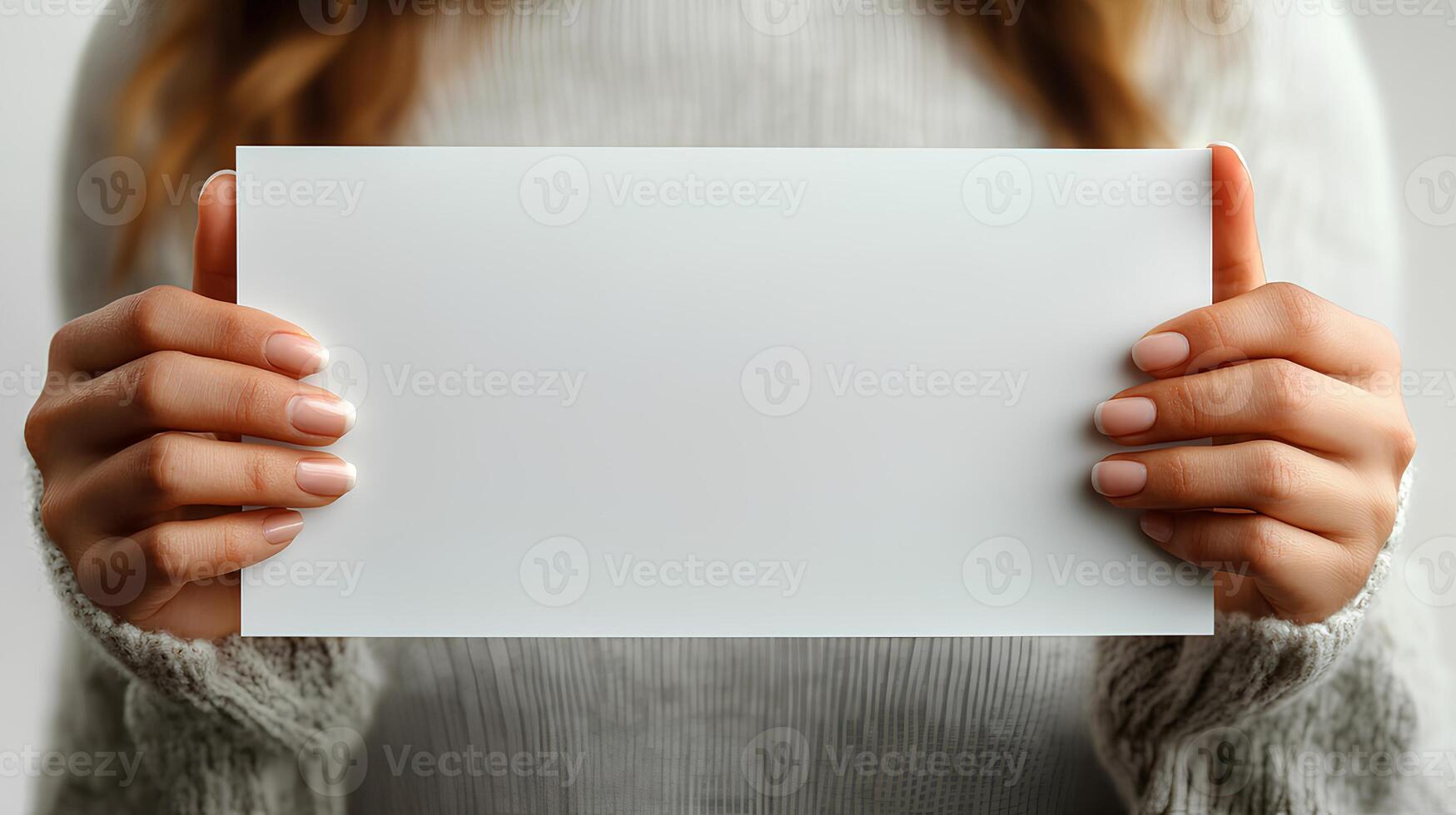 woman holding blank paper. Human hands gently holding a clean, white sheet of paper, perfect for mockups, presentations, and creative designs. blank white paper for mockups photo