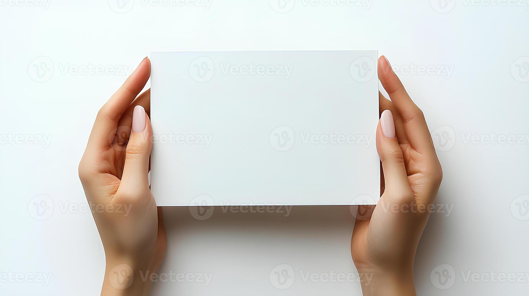 hands holding blank paper isolated on white background with shadow. Human hands gently holding a clean, white sheet of paper, perfect for mockups, presentations, and creative designs photo