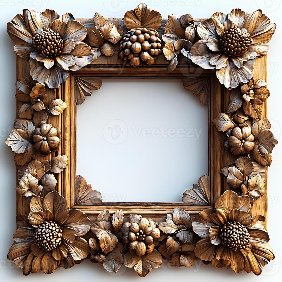 wooden frame isolated on white background with shadow. exquisite wooden border frame top view flat lay. empty picture frame on white background photo