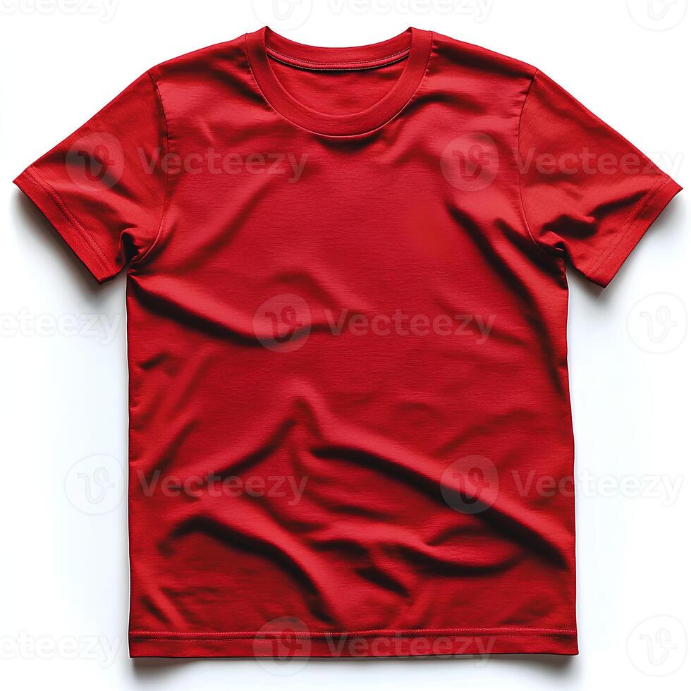 red t shirt isolated on white background. blank red shirt top view for fashion mockups and clothing designs. simple red crewneck t shirt on white background flat lay photo