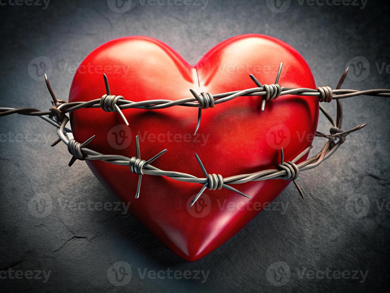 A red heart symbol wrapped in barbed wire fence, Valentines day photo