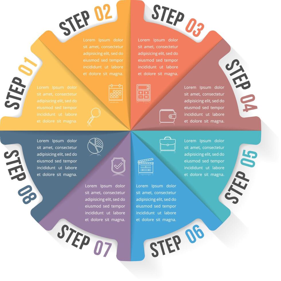 Circle infographic template with eight elements, steps or options, workflow or process diagram vector