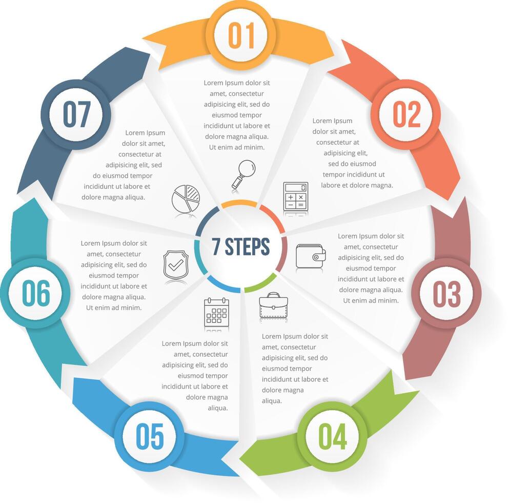 Circle infographic template with seven elements, steps or options, workflow or process diagram, data vizualization vector