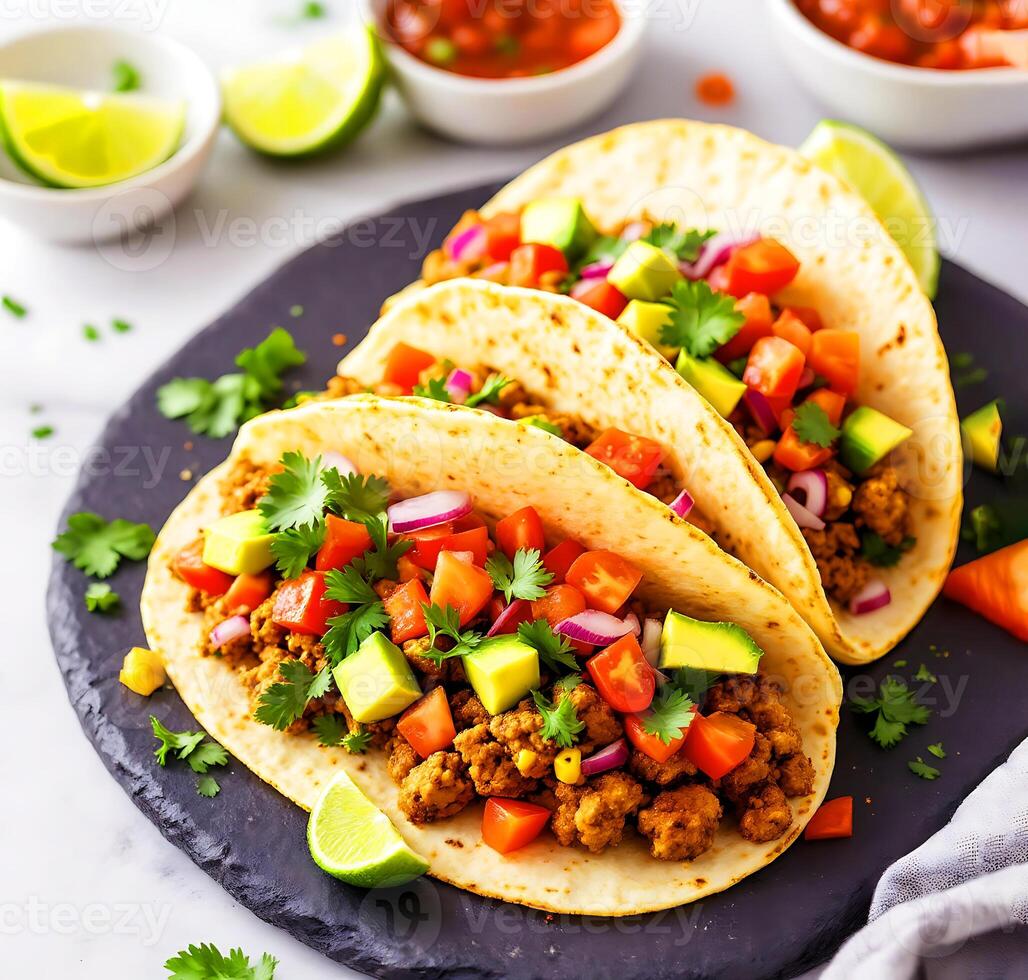 Fresh Tacos with Avocado, Tomato, and Lime Garnish photo