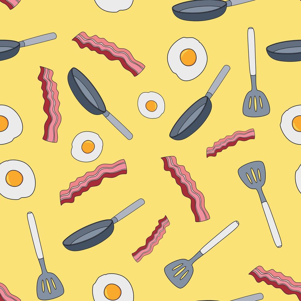 Frying pan, spatula, fried egg, bacon seamless pattern with yellow background in a flat color cartoon style breakfast concept vector