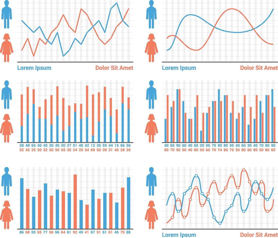 People infographics - different types of bar graphs and line graphs vector