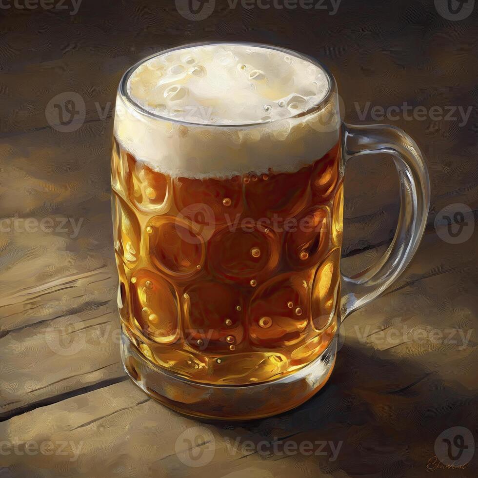 mug of beer with foam on a wooden background, digital painting photo