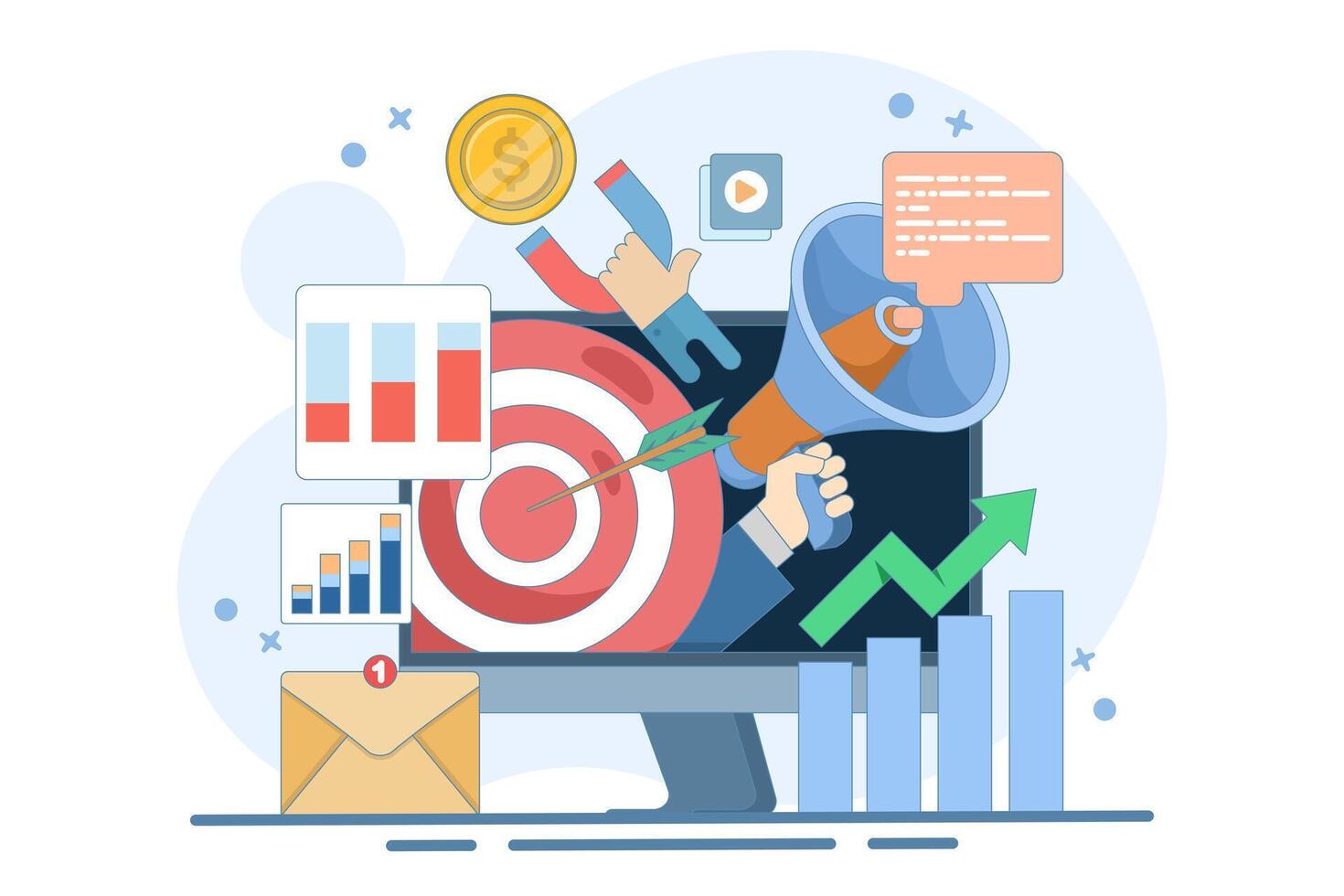 Online digital marketing concept, Online advertising and promotion campaign in mobile applications, advertising content in social networks. Flat design landing page website illustration. vector