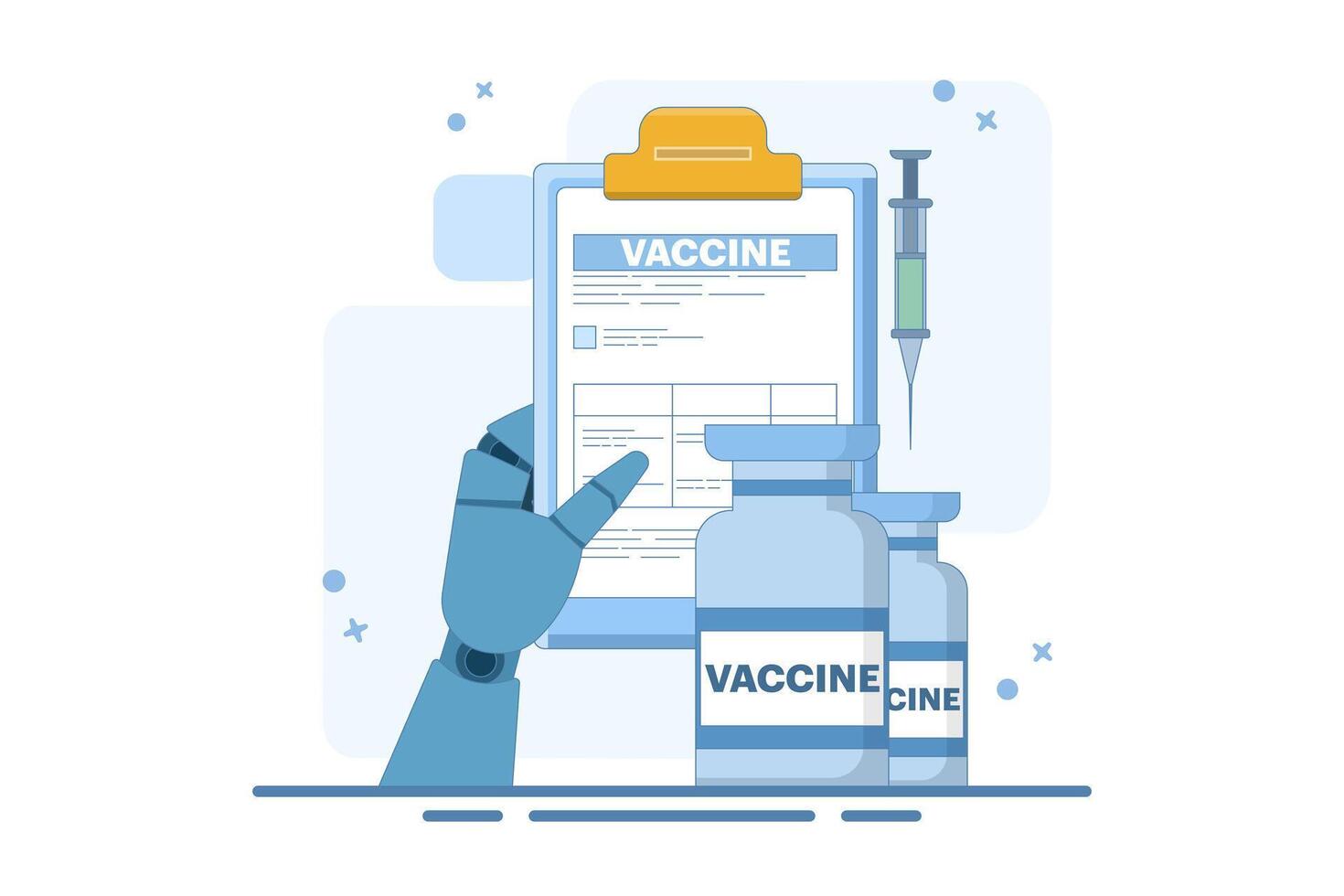global vaccination preparation concept against the virus. Vaccine ready for clinical trials. Immunization campaign concept. Flat cartoon illustration with icons. vector