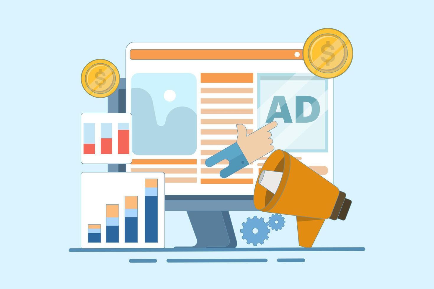 Website advertising campaign concept, website promotion with digital ad networks, brand marketing, online brand awareness campaign, digital marketing, flat illustration. vector