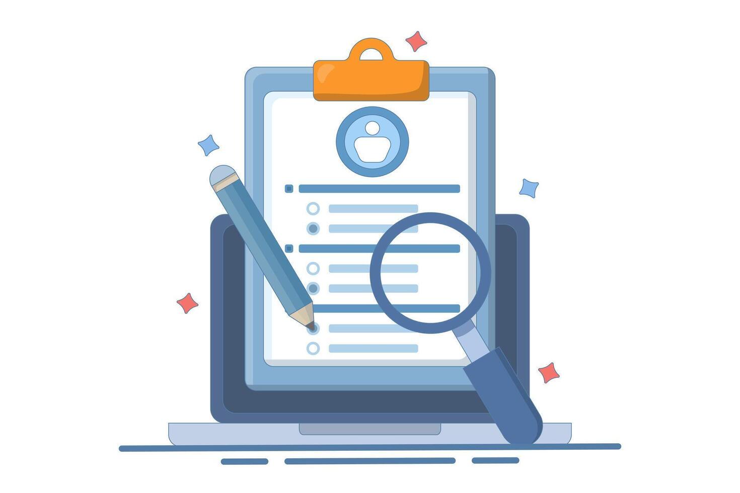 questionnaire concept. questions and answers. device with survey form using pencil. Filling or answering survey or questionnaire. flat illustration on background. vector