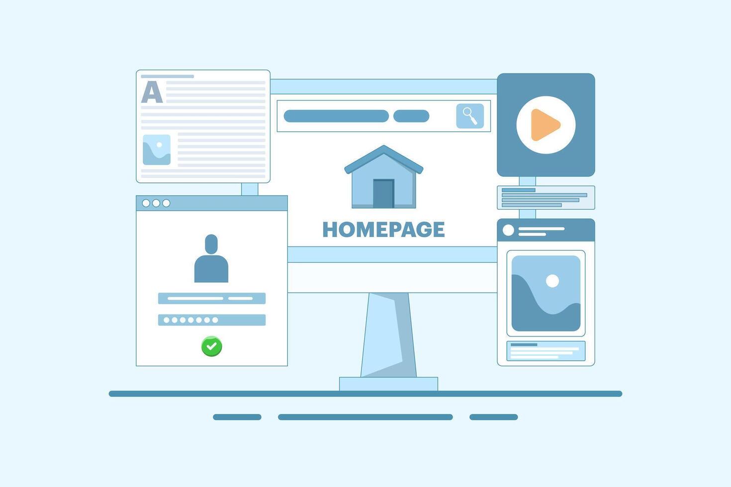 Homepage concept, web page design on laptop. working on website homepage development, optimization and setup. Modern flat cartoon style. illustration on background. vector