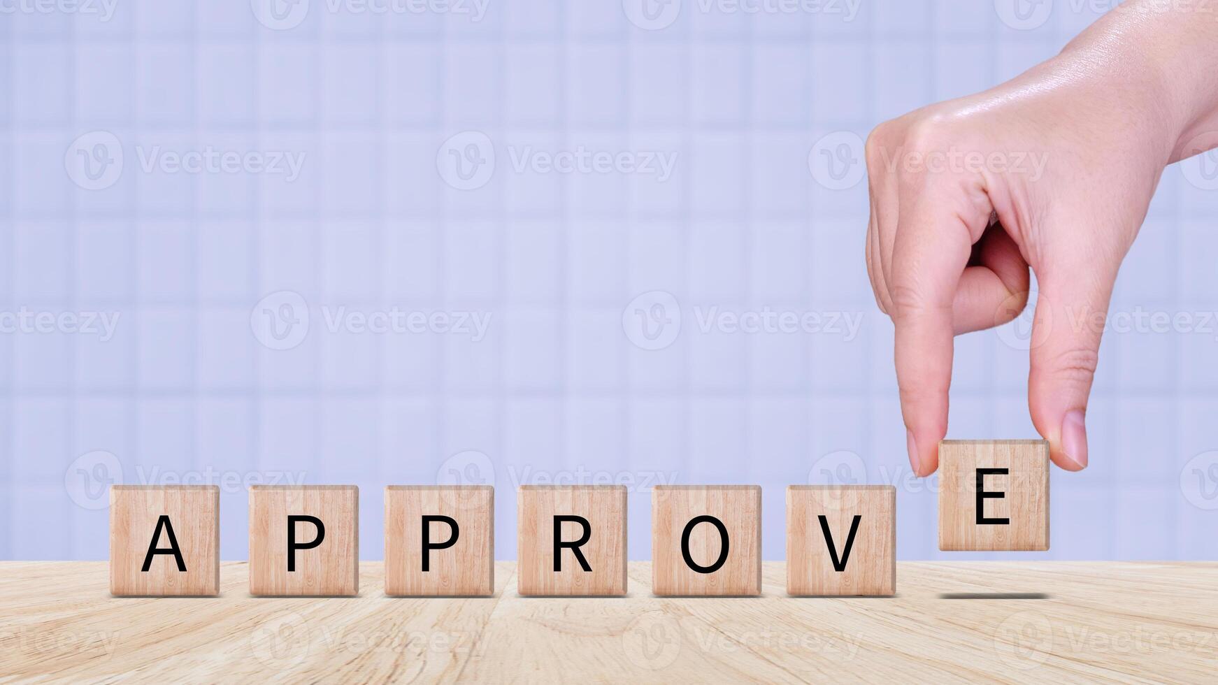 Approve guarantee concept, Approved on wooden cube, accept, pass inspection, approve document and project, Management, examine, business, survey, certification. photo