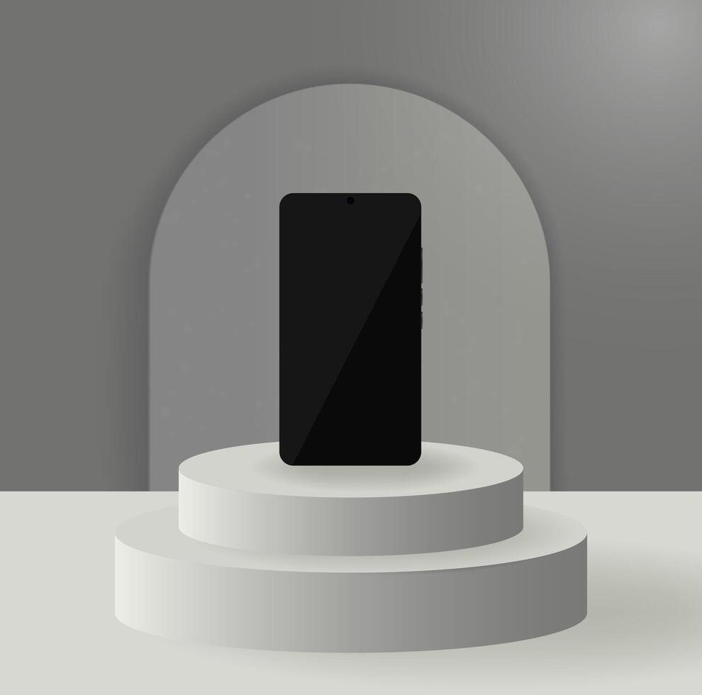 Smartphone showcase. Minimal display of a black smartphone on a modern pedestal with soft lighting, ideal for product presentation or advertising vector