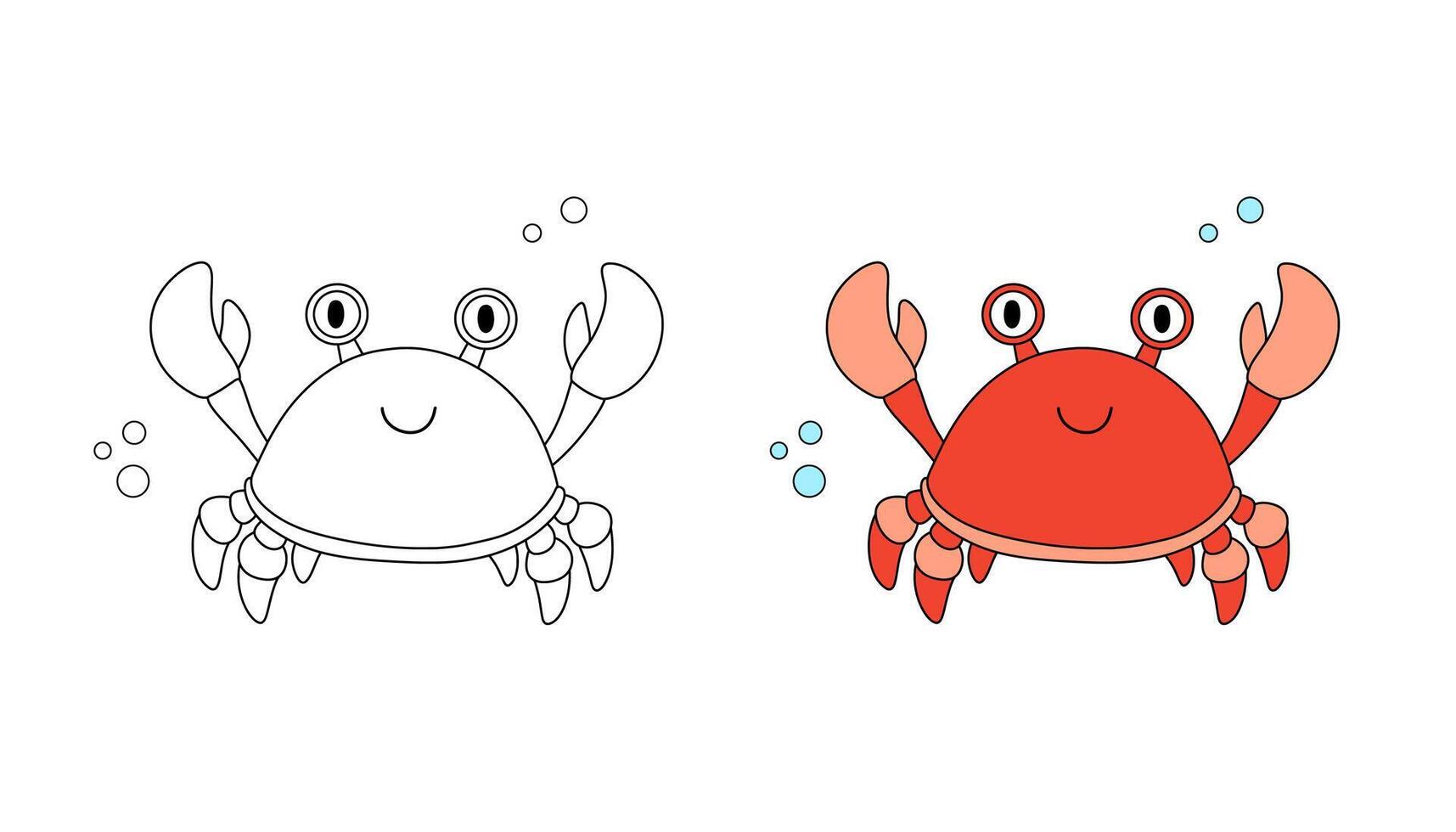 Cute crab, color and outline cartoon sea animal character for children. line nautical illustration for coloring book and page vector