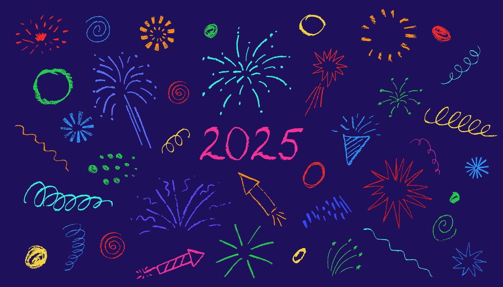 Firework, spiral, circles chalk kid drawings set, brush strokes texture, illustration isolated on dark background. vector