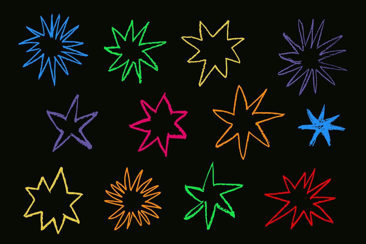 Stars chalk kid drawing, brush strokes texture, graffiti elements, illustration isolated on dark background. vector