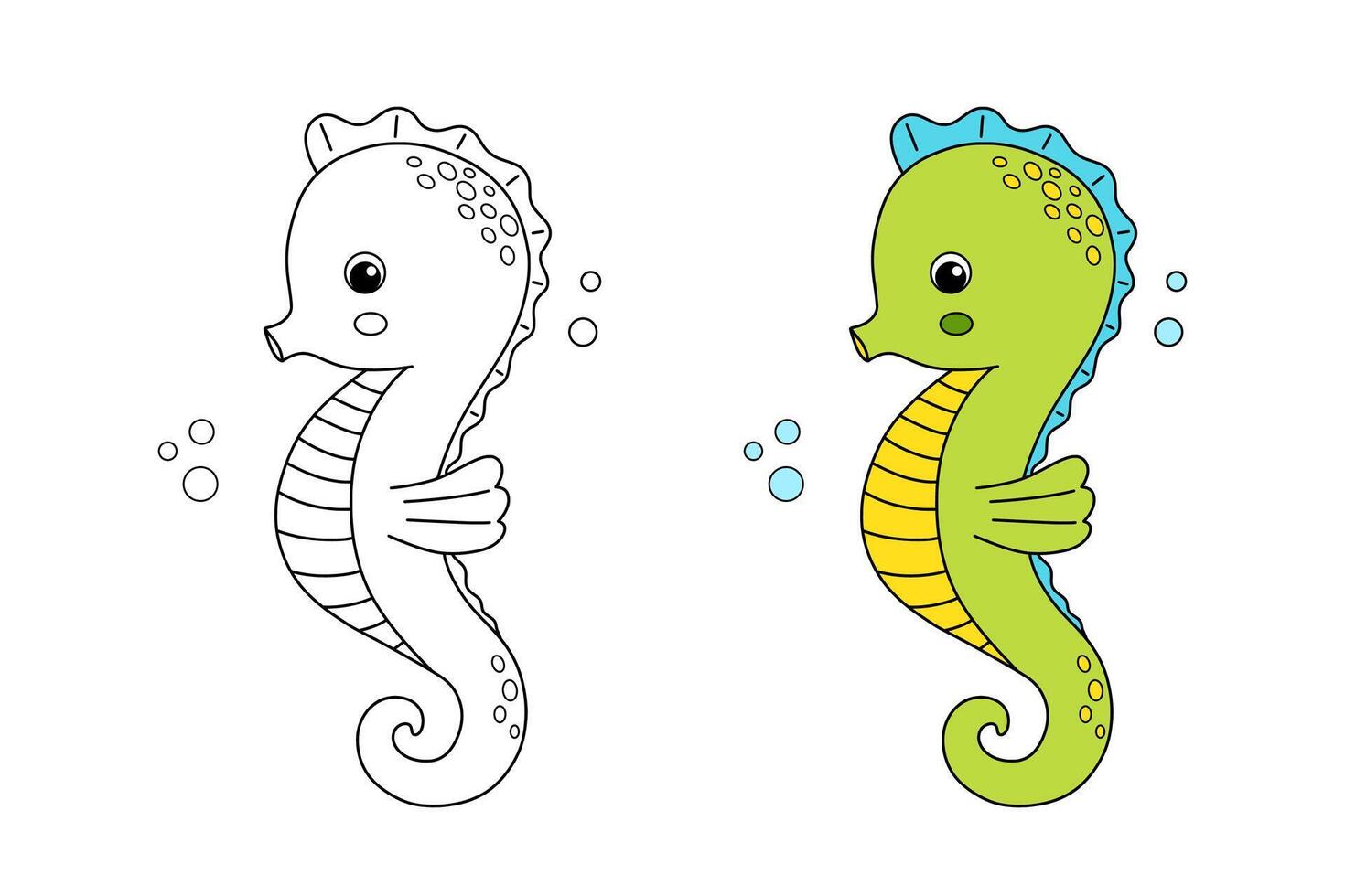 Cute seahorse, color and outline cartoon sea animal character for children. line nautical illustration for coloring book and page vector