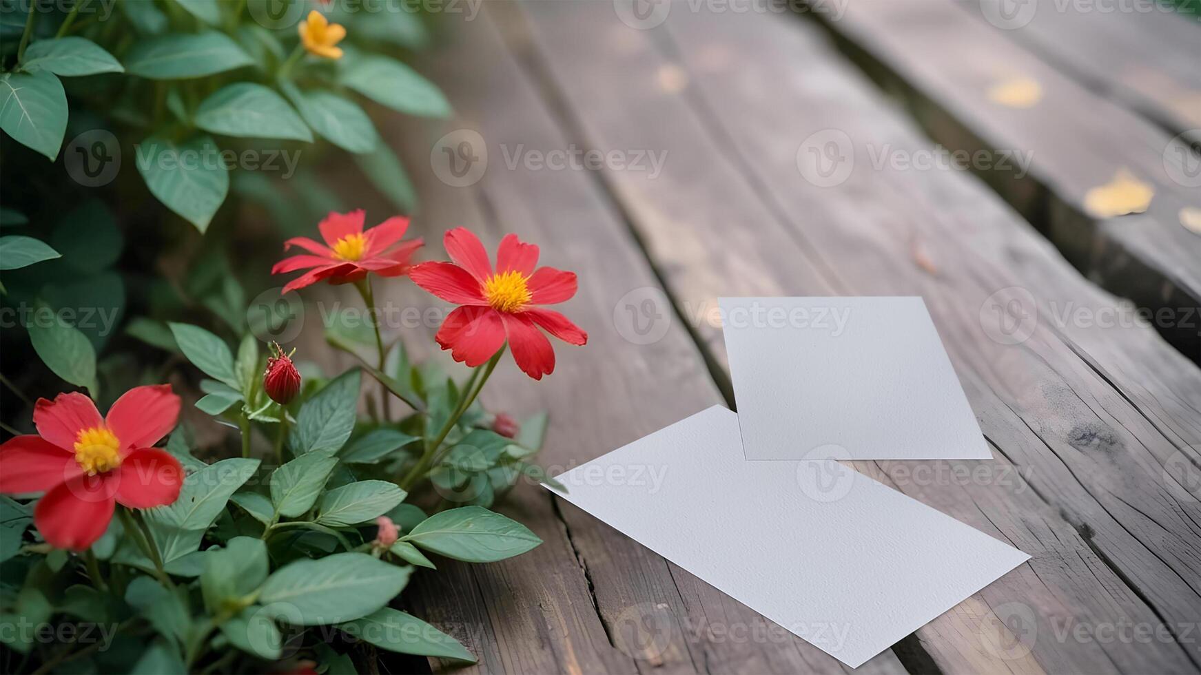 two white cards on wood with flowers photo