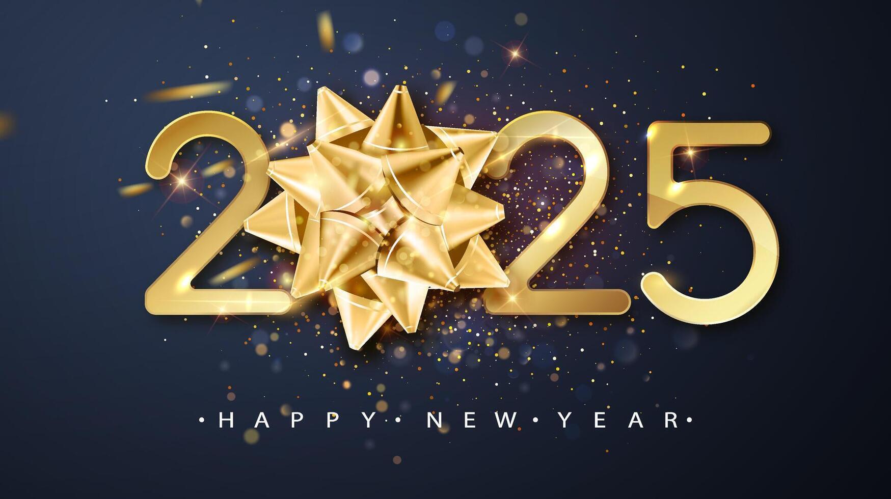 2025 Happy New Year Background with Golden Gift Bow. vector
