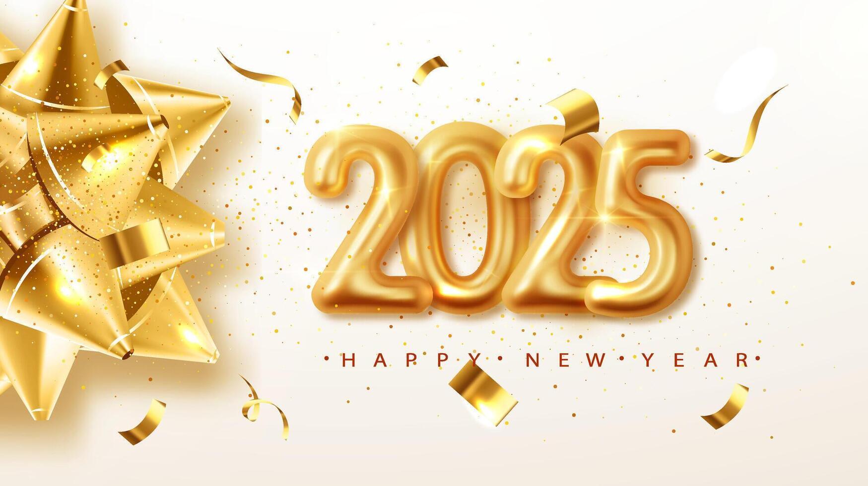 Happy New Year 2025 Golden numbers with big bow and confetti on white background vector