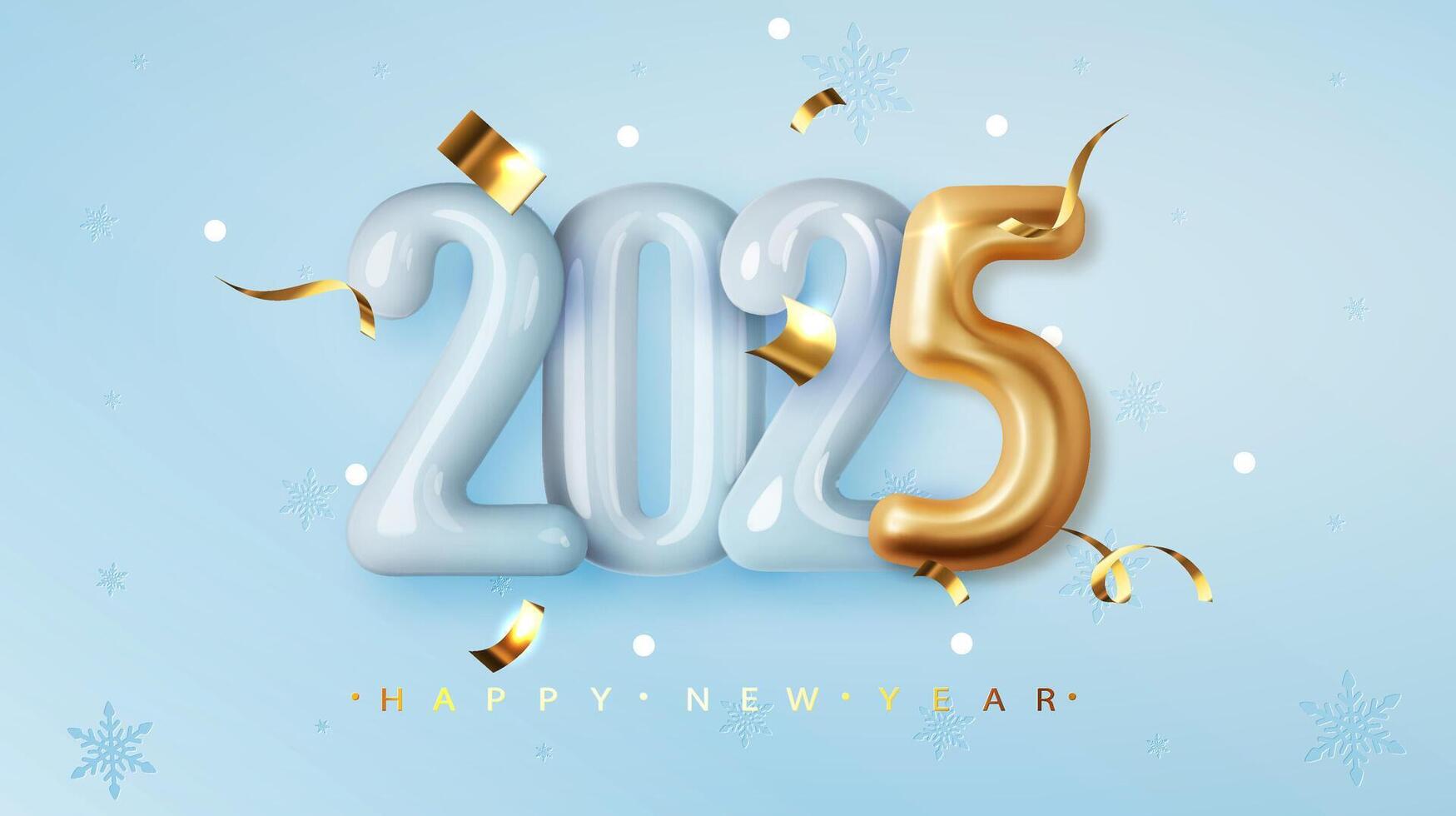 Happy New 2025 golden and blue glossy numbers on blue background with gold confetti. vector