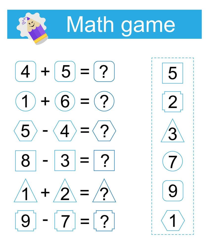 Math game for kids. Preschool worksheet activity. vector