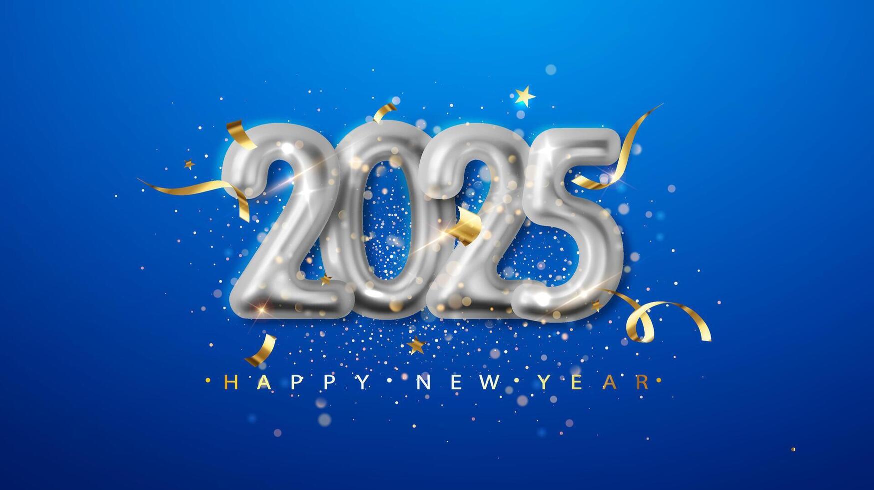 Happy new year 2025 metallic silver metal number on blue background. vector