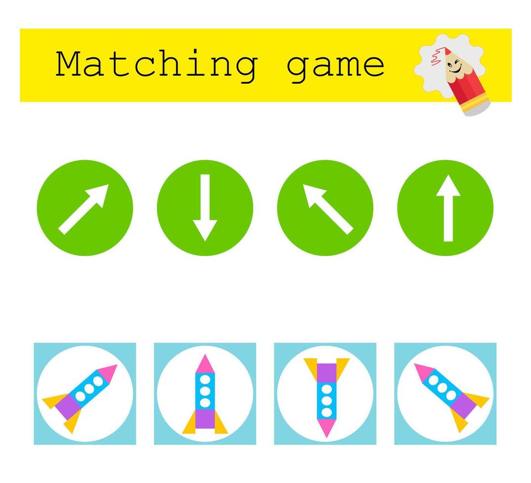 Educational kids game. Match rockets with arrows. vector