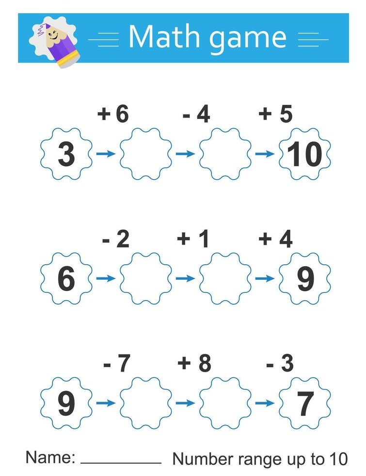 Math game for kids. Preschool worksheet activity. Number range up to 10. Printable worksheet vector