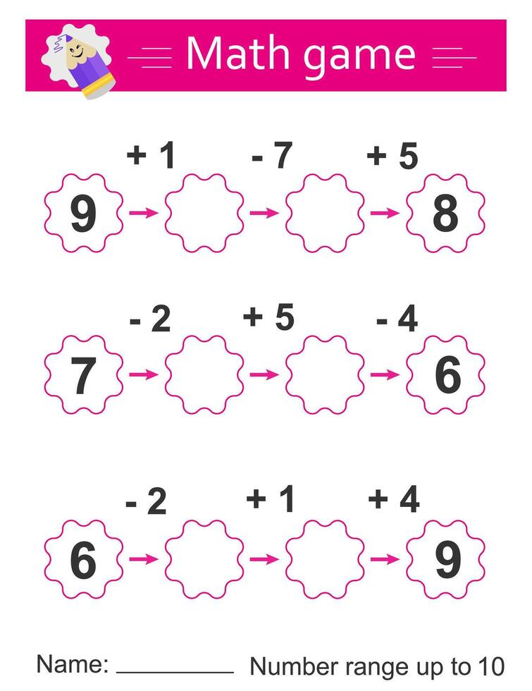 Math game for kids. Preschool worksheet activity. Number range up to 10. Printable worksheet. vector