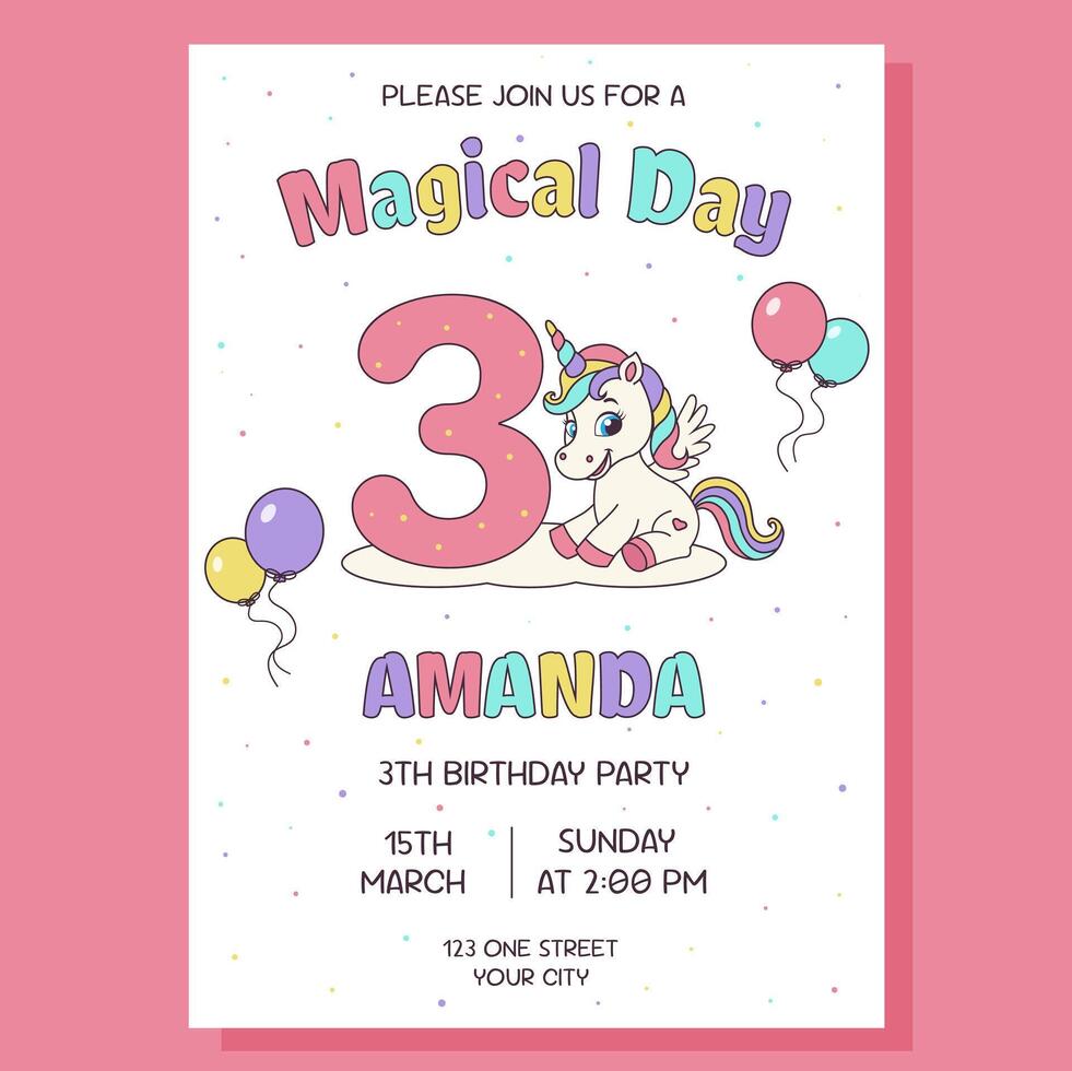 Unicorn invitation. Birthday party invitation card with unicorn and birthday anniversary number. vector