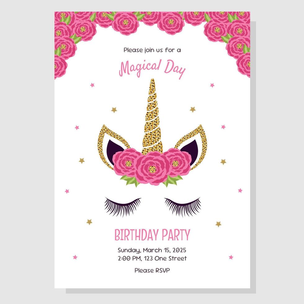 Unicorn birthday party invitation, greeting card. Invitation with unicorn elements and roses. vector