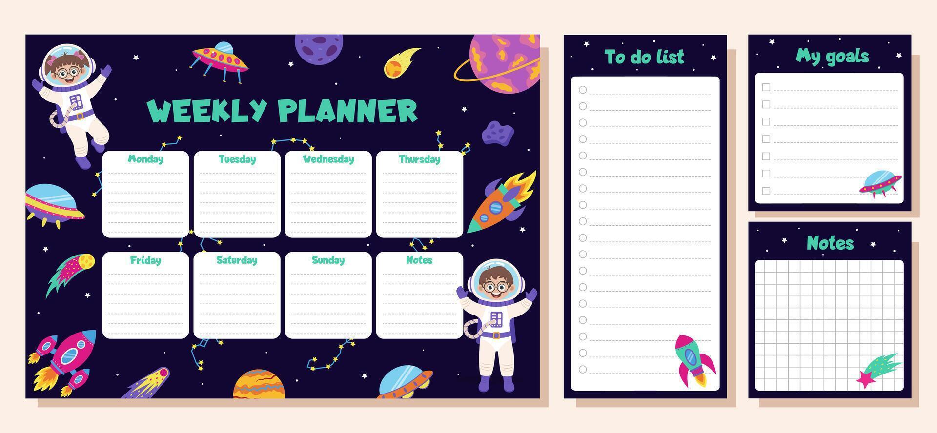 Space set of weekly planner, to do list, goals and notes. Set with space elements and children astronauts. vector