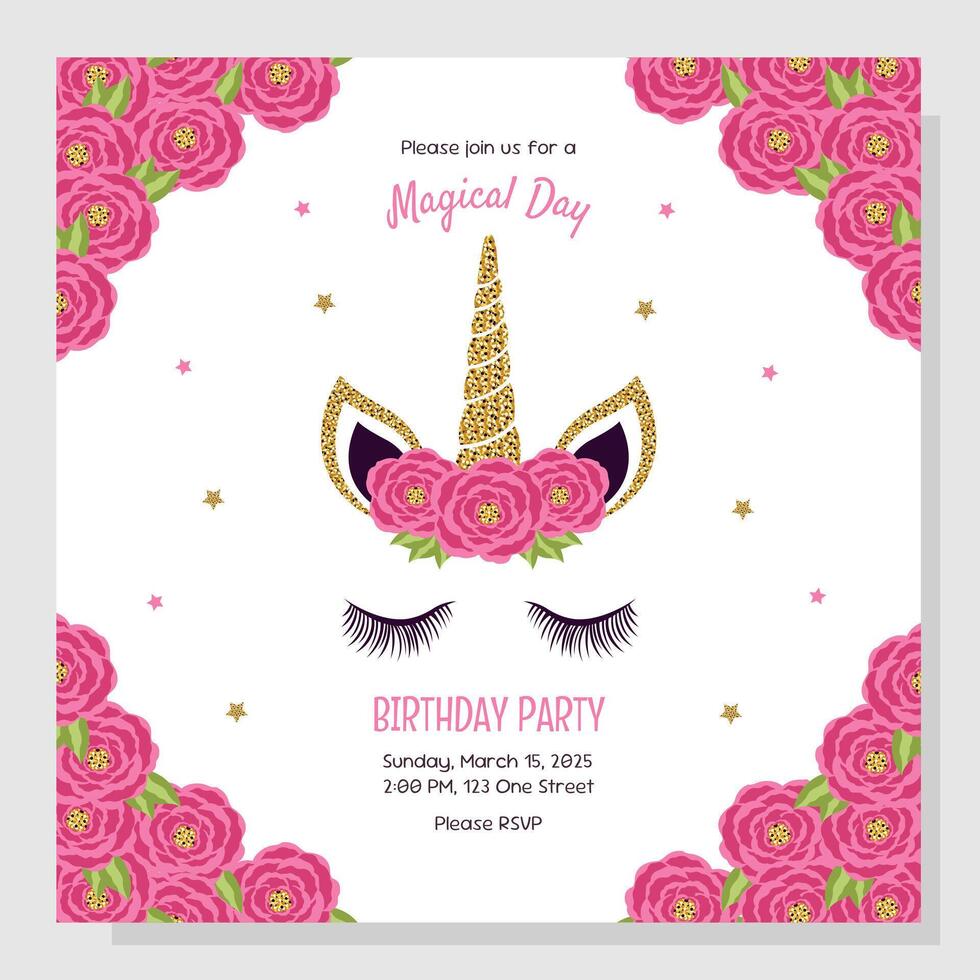 Unicorn concept. Birthday party invitation. Invitation with unicorn elements and roses. vector