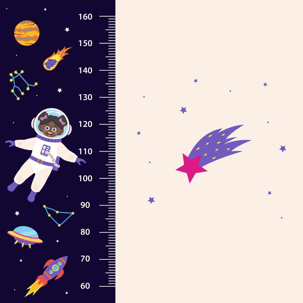 Space height chart for children with space elements and girl. vector