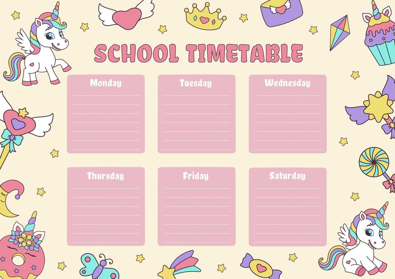 School timetable with unicorn concept. Timetable with magic elements and unicorns. vector