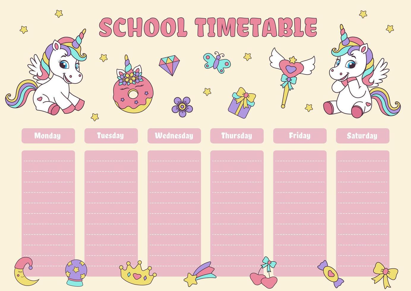 Unicorn school timetable. Timetable with magic elements and unicorns. vector