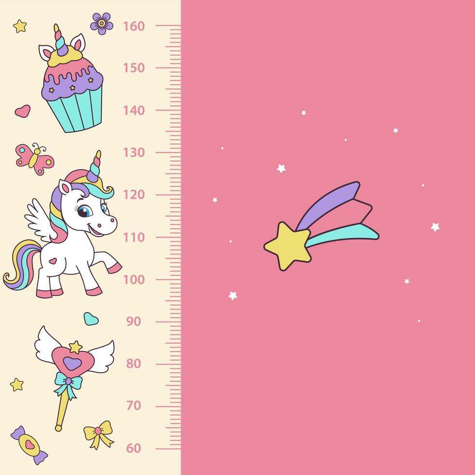 Unicorn height chart. Height chart with magic elements and unicorn. vector