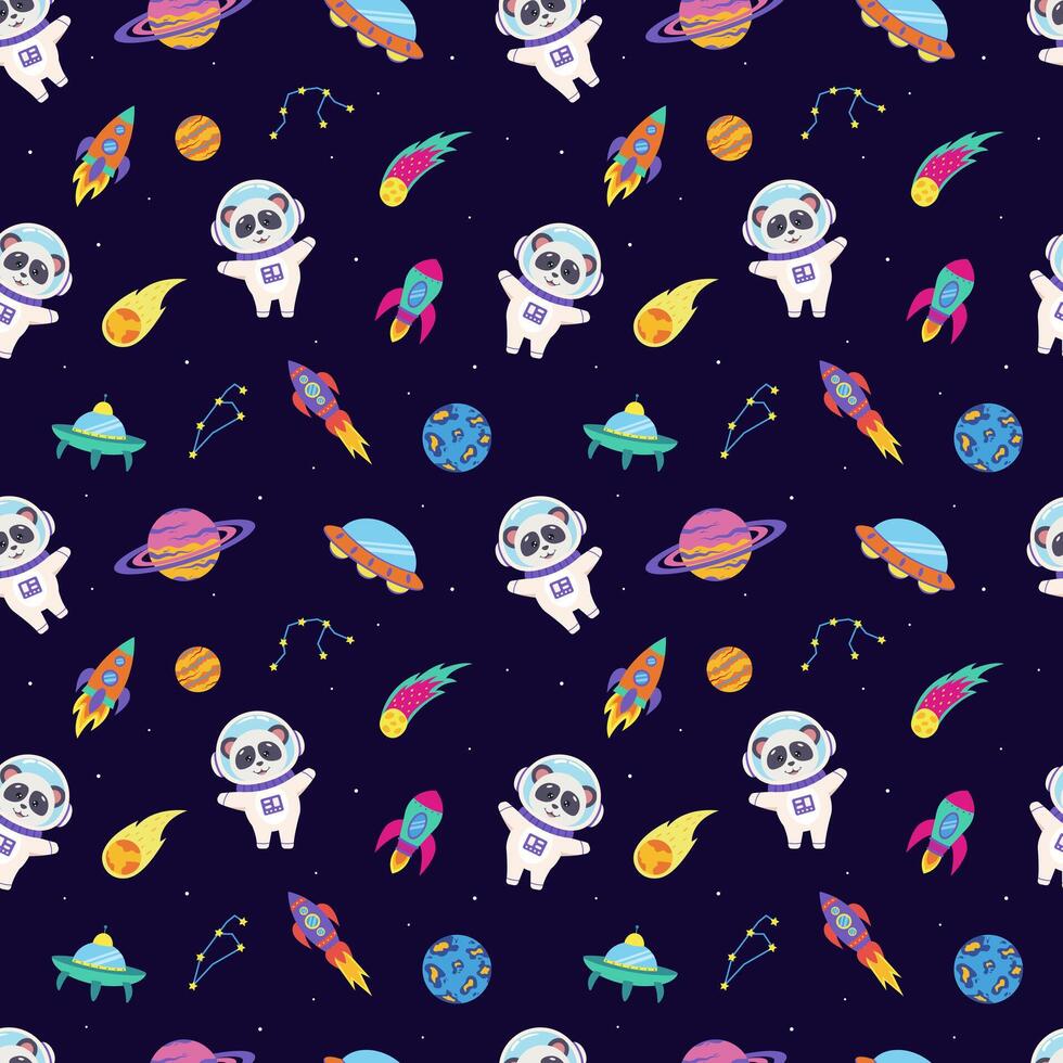 Space seamless pattern with space elements and animal astronaut panda. vector